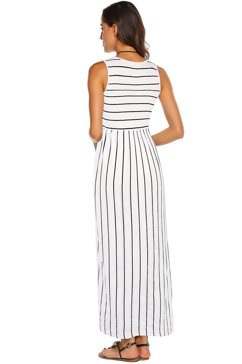 Hount Women's Pockets Swing Summer Sleeveless Striped Casual T-Shirt Dress (White, Large) - Image 3